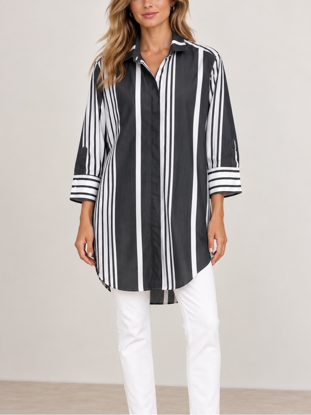 Jarbo Collection Size 8 Black White Striped Oversized Button Down Shirt